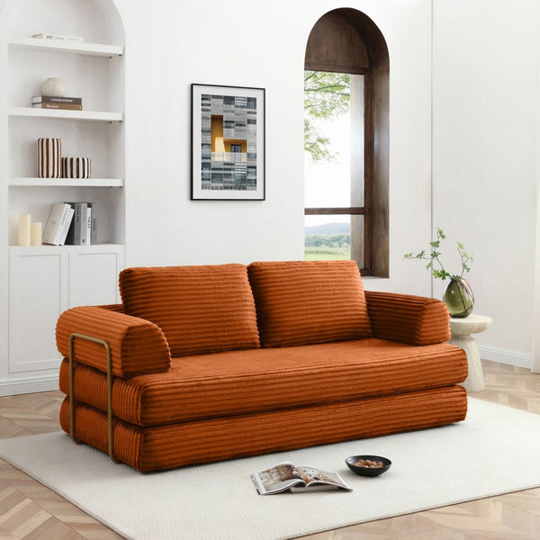 English Elm Convertible Floor Sofa Futon with Corduroy Upholstery for Living Room Lounging and Sleeping Orange W1117P434732