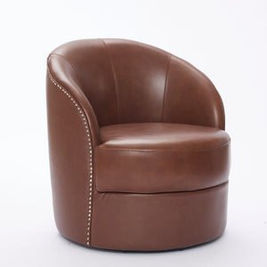 English Elm Brown Top-Grain Leather Swivel Accent Chair with 360° Silent Spin, Riveted Mid-Century Lounge, Sturdy 150kg Base W570P386950