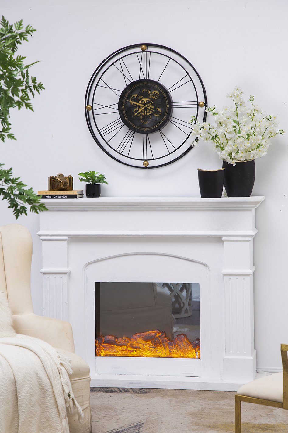 English Elm 31.5x3x31.5" Large Gear Clock with Roman Numerals, Thin Black Iron Frame and Gold Accents, Silent Moving Gears for Living Room Statement Piece W2078P373017