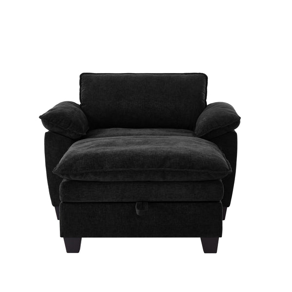 English Elm 51" Oversize Chaise Lounge Chair with Ottoman and Hidden Storage Upholstered in Soft Chenille Comfort Black W1097S00151