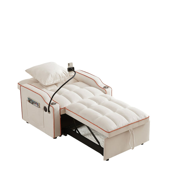 English Elm 3-in-1 Convertible Sofa Bed with USB & Type-C Ports, Cup Holders, Adjustable Backrest for Small Spaces Beige W2151142226
