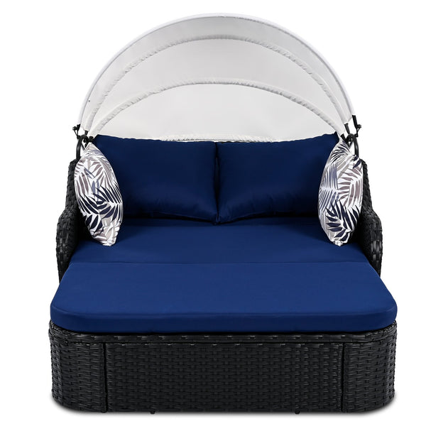English Elm GO Outdoor Sun Bed with Adjustable Canopy, Durable PE Rattan Double Lounger, Zippered Cushions and Pillows for Easy Care and 500lb Capacity Black+Blue FG201223AAN