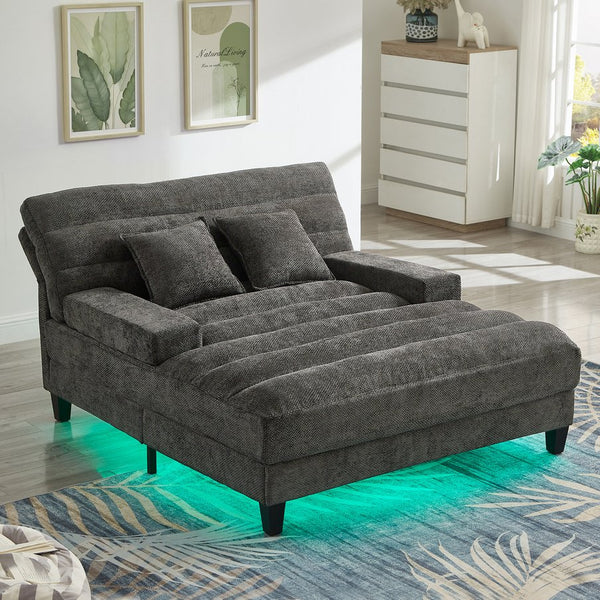 English Elm Modern Chaise Lounge Sofa with Adjustable 6-Position Backrest and App-Controlled RGB LED Lighting, Plush Chenille Upholstery Grey N719P330968E