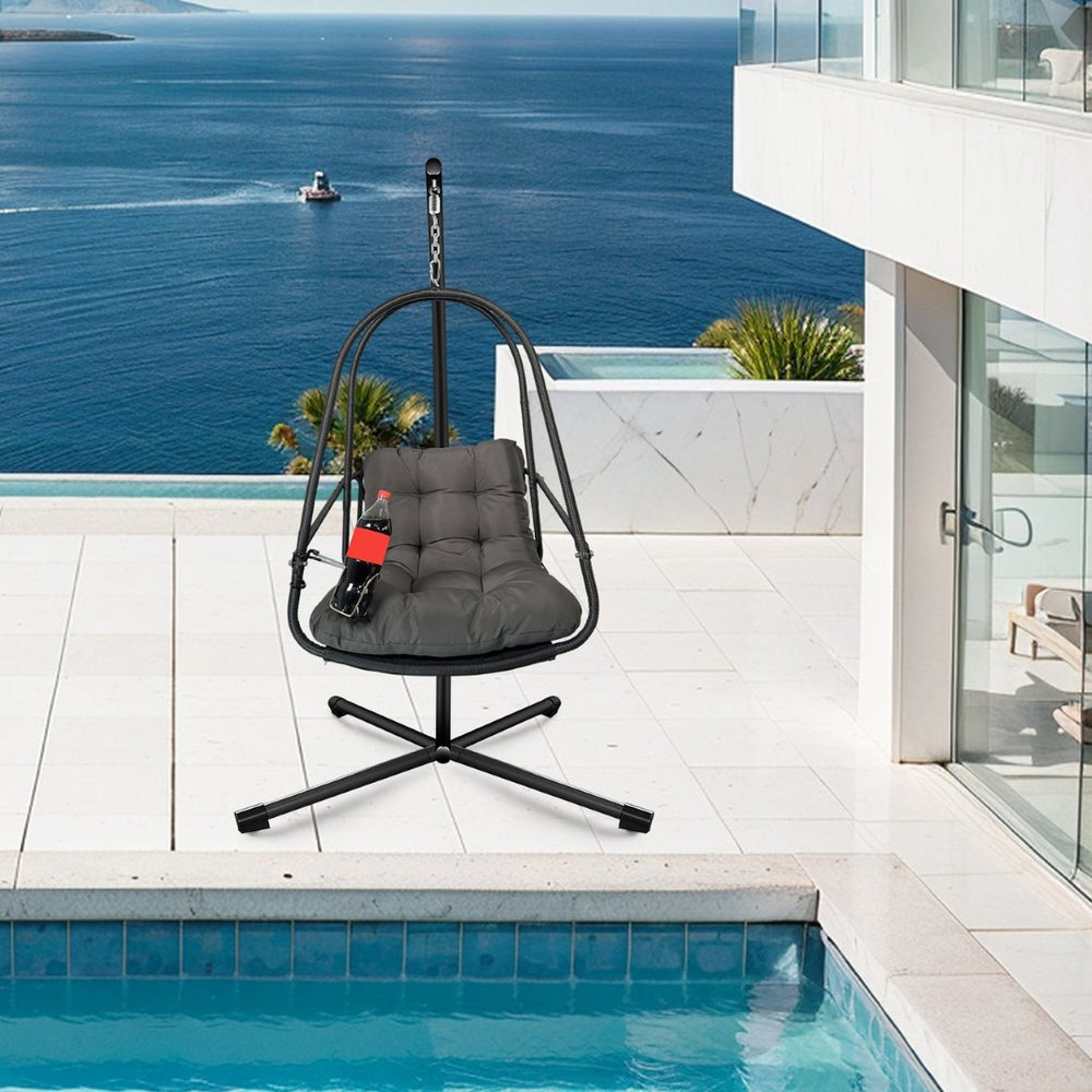 English Elm Swing Egg Chair With Stand - Cozy Indoor/Outdoor Wicker Patio Basket, Cup Holder, Cushions & More! W2707P296435-GIGA