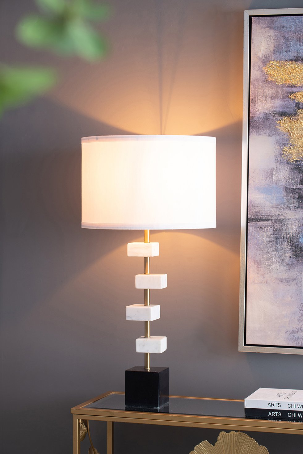 English Elm D15x30" Marble Table Lamp with Brass Frame & White Fabric Drum Shade — Vintage Modern Accent Light for Living Room W2078P399248