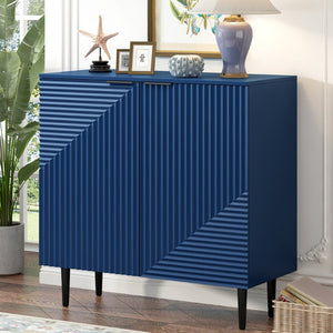 English Elm Mirod Lacquered Side Cabinet Geometric Door Panels Metal Legs Adjustable Interior Shelves Navy Blue N760P221050M