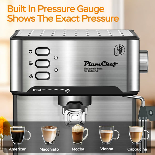 English Elm 20 Bar Stainless Steel Espresso Machine with Steam Wand for Home Barista Brewing W1002P292437