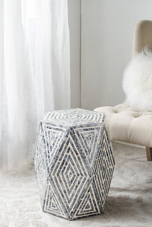 English Elm 16x14x18" Hexagon Garden Stool with Capiz Inlay, Black & White Diamond Facets for Chic Side Table W2078P290103