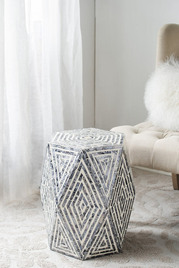 English Elm 16x14x18" Hexagon Garden Stool with Capiz Inlay, Black & White Diamond Facets for Chic Side Table W2078P290103