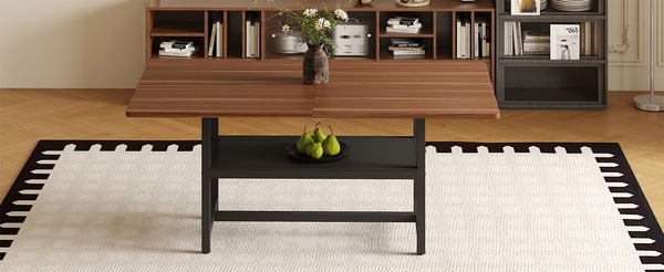 English Elm 71 Inch Fashionable Walnut Grain Dining Table with Sturdy Metal Legs, Scratch-Resistant MDF Top, Storage Shelf, Minimalist Design Walnut+black W1151P364851