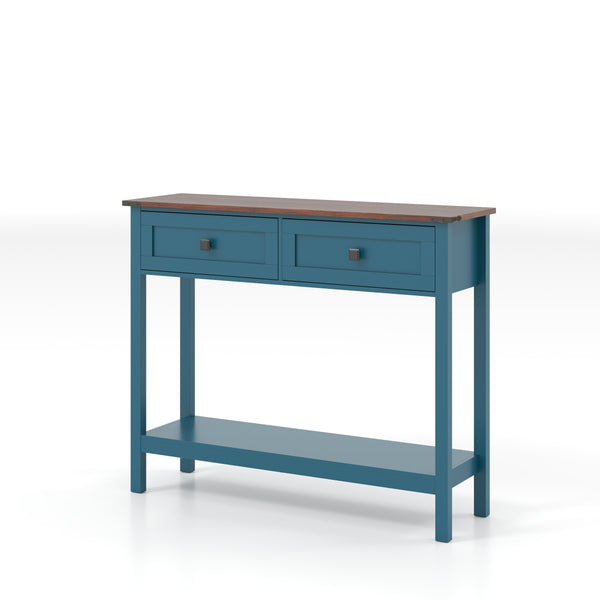 English Elm Farmhouse Pagoda Blue Console Table with 2 Drawers, Bottom Shelf, Anti-Tip Hooks & Rustic Charm W2557P271250