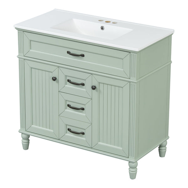 English Elm 36 Inch Bathroom Vanity with Ceramic Sink, Durable MDF & Solid Wood Frame, Soft-Close Doors, Luxe Handles, Ample Organized Storage, Modern Freestanding Design Green N725P314034F