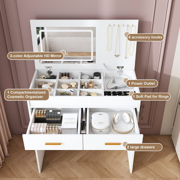 English Elm Flip Top Makeup Vanity Desk with Led Mirror Built-in Outlet and Jewelry Hooks W2699P404630