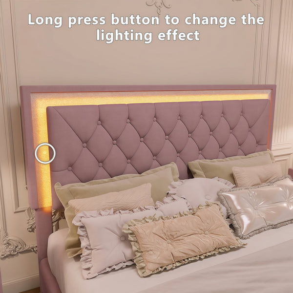 English Elm 3-Pieces Tufted Upholstered Platform Bed with Romantic LED Headboard and Two Storage Nightstands Pink 63.98 L x 23.23 W x 5.91 H N733S183659H