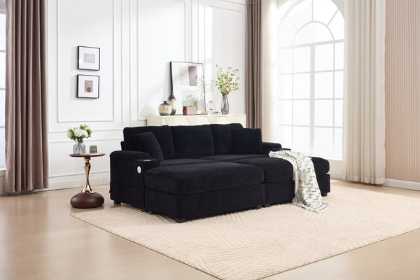 English Elm combination Modular Corduroy Sectional with Usb Charging Deep Foam Seats Black W2120S00012