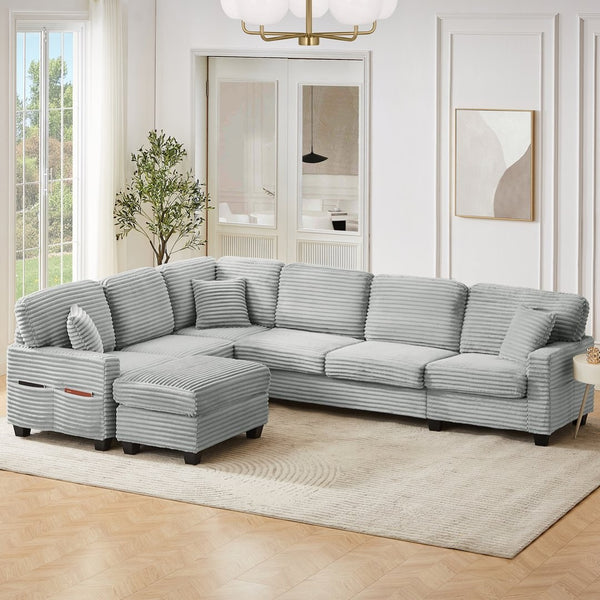 English Elm Sectional U-Shaped Sofa With Movable Ottoman & Side Storage Pockets - Stylish Comfort For Living Rooms N719S002080E-GIGA