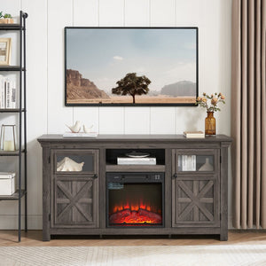 English Elm 2 Door Farmhouse Tv Console with Electric Fireplace Barn Style Grey Finish 60 Inch W1758S00025
