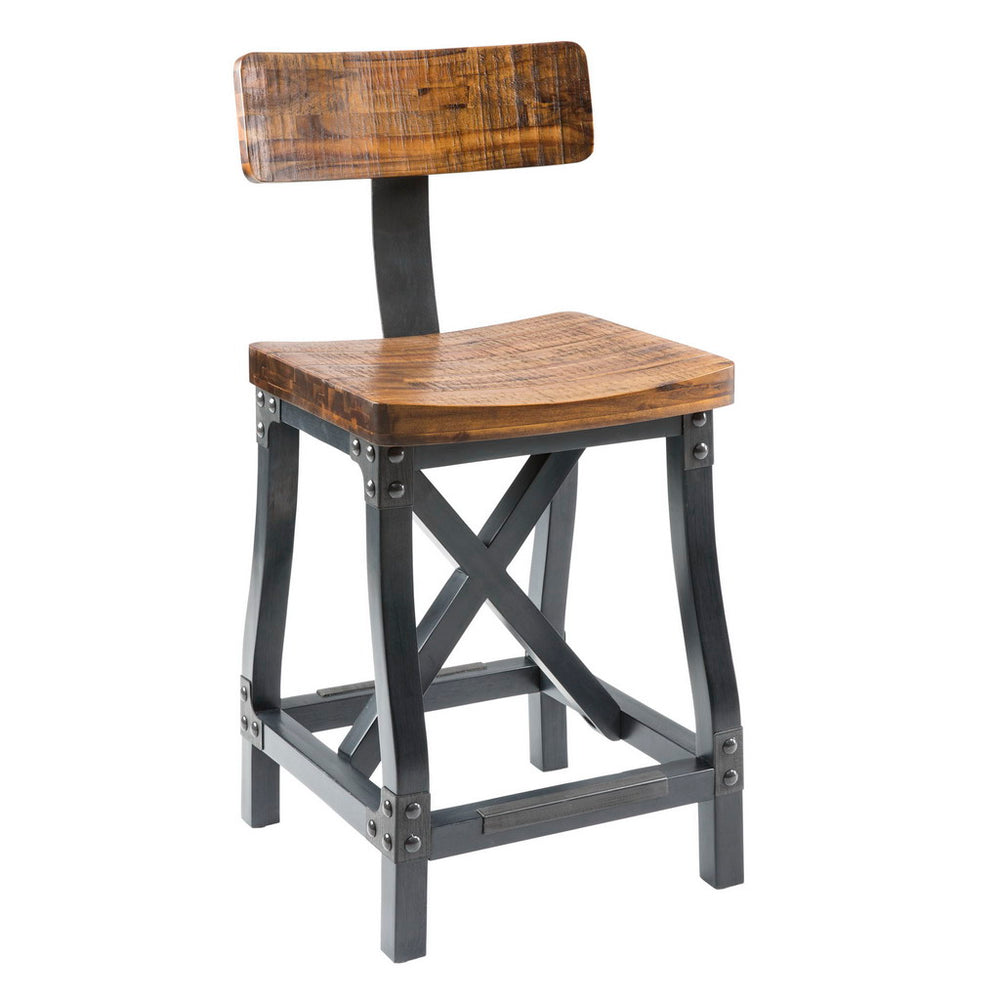 JLA Home INK+IVY - Counter Lancaster-Style Stool with Back — Solid Acacia Wood, Graphite Metal Rivets, Industrial Charm, Durable Seating FPF20-0312