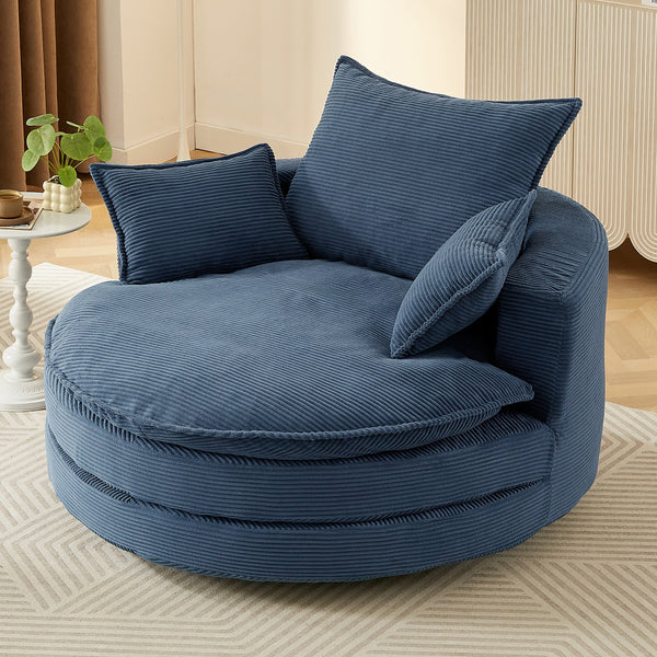 English Elm 360° Oversized Swivel Lounge Chair with 38" Deep Seat Dual-Layer Cushion Corduroy Accent Pillows Blue N719S002100C