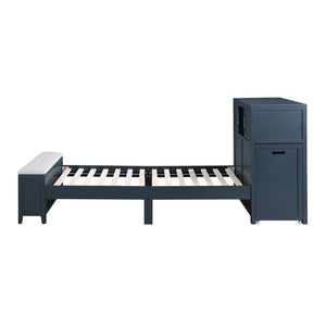 English Elm Gray Twin Platform Bed with Bookcase Headboard Hidden Desk Stool and Footboard Bench Navy Blue B011S02312