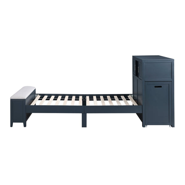 English Elm Gray Twin Platform Bed with Bookcase Headboard Hidden Desk Stool and Footboard Bench Navy Blue B011S02312