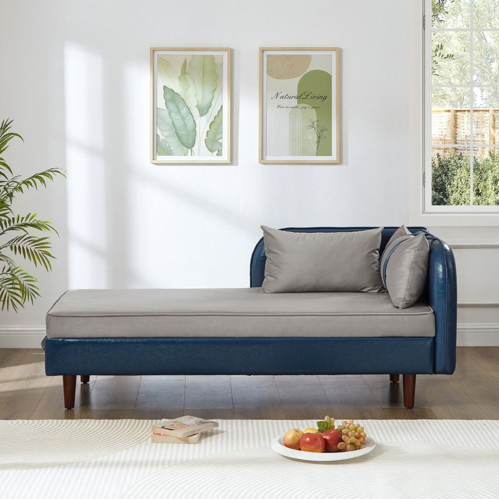 English Elm 65" Velvet Storage Chaise Lounge with Pu Leather Panels Eucalyptus Frame Accent Seat Blue+Grey W1097P434118