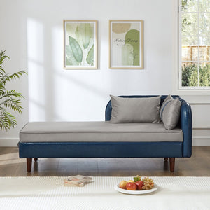 English Elm 65" Velvet Storage Chaise Lounge with Pu Leather Panels Eucalyptus Frame Accent Seat Blue+Grey W1097P434118