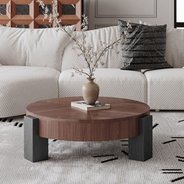 English Elm 33'' Round Coffee Table Parquet Veneer Flip Top Hidden Storage Wabi-sabi Living Room Walnut+Black W1435P419321
