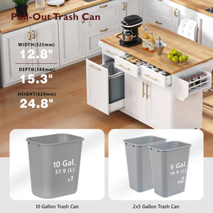 English Elm K&k Rolling Kitchen Island Rubber Wood Top Brass Hardware Built-in Outlets Storage White N707S299014W