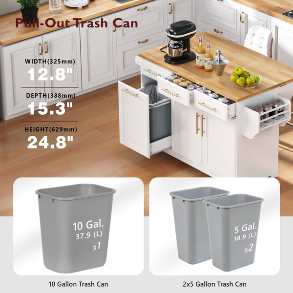 English Elm K&k Rolling Kitchen Island Rubber Wood Top Brass Hardware Built-in Outlets Storage White N707S299014W