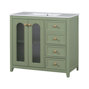 English Elm 36-inch ceramic basin vanity with patterned glass doors, gold round handles & ample storage drawers Green N729P184710F