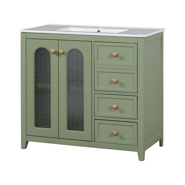 English Elm 36-inch ceramic basin vanity with patterned glass doors, gold round handles & ample storage drawers Green N729P184710F