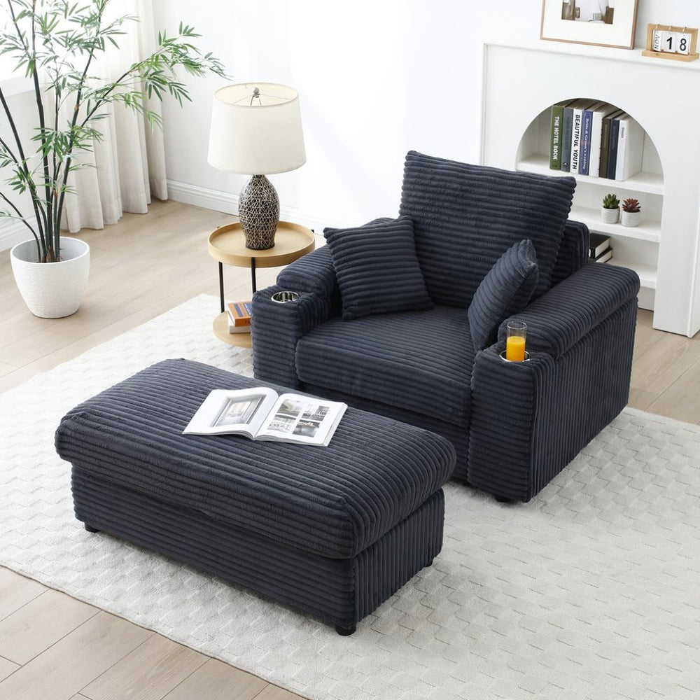 English Elm Oversized Corduroy Accent Chair with Ottoman Neck Pillow and Wide Armrests for Cozy Reading Dark Grey W1117S00249