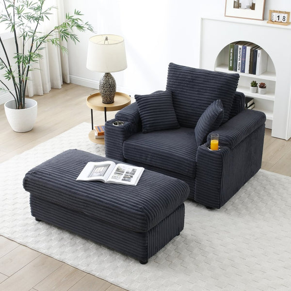 English Elm Oversized Corduroy Accent Chair with Ottoman Neck Pillow and Wide Armrests for Cozy Reading Dark Grey W1117S00249