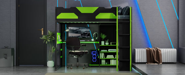 English Elm Full Size Loft Bed with Rgb Lighting Usb Charging Desk Wardrobe and Storage Shelves Green LT000387AAF