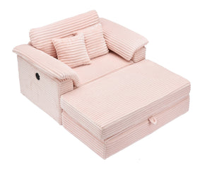 English Elm 47.24-inch corduroy armchair with storage ottoman and USB ports, spring seat, solid wood frame lounge Pink W3356S00022