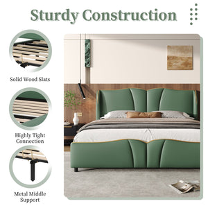 English Elm Christopher Knight Home® - King PU Leather Bed Frame with Wingback Headboard & Footboard, Gold Accents, Platform Slat Support, Elegant Design Dark Green 85 L x 10 W x 3.25 H N761S0000017F
