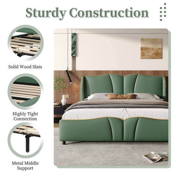 English Elm Christopher Knight Home® - King PU Leather Bed Frame with Wingback Headboard & Footboard, Gold Accents, Platform Slat Support, Elegant Design Dark Green 85 L x 10 W x 3.25 H N761S0000017F