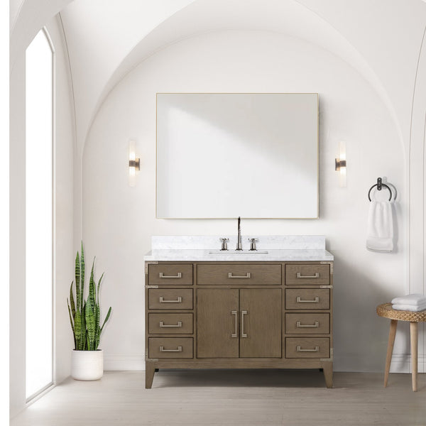 English Elm Grey Oak Single Bath Vanity 48in W x 22in D with Carrara Marble Top, Soft-Close Storage & 46in Mirror B2731S01471