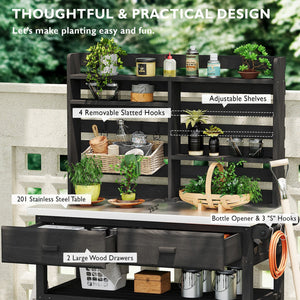 English Elm K&K 64.9" Outdoor Potting Bench with 1.2" Stainless Steel Top, Lockable Wheels, Hutch & Drawers Black N707P228274B
