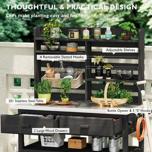 English Elm K&K 64.9" Outdoor Potting Bench with 1.2" Stainless Steel Top, Lockable Wheels, Hutch & Drawers Black N707P228274B