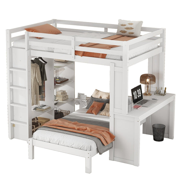 English Elm Full Solid Wood Loft Bed with Removable Lower Bed, Built-In Desk, Shelves & Wardrobe for Space-Saving Designs White W1580S00211