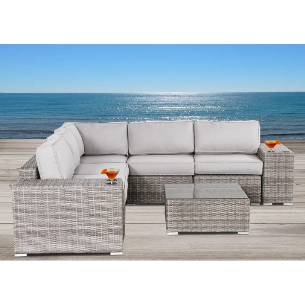 English Elm Fully Assembled Outdoor Sofa Set – 8-Piece Curved Sectional With Cushions For Stylish Comfort B120S00146