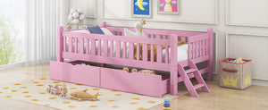 English Elm Wood Twin Platform Bed with Guardrail, Solid Pine Construction, 2 Underbed Drawers for Storage and Playroom Space Pink N709P242145H