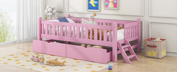 English Elm Wood Twin Platform Bed with Guardrail, Solid Pine Construction, 2 Underbed Drawers for Storage and Playroom Space Pink N709P242145H