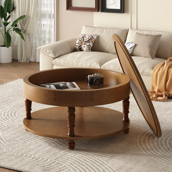 English Elm Coffee Round Flip-Top Coffee Table with Hidden Storage and Open Shelf, Modern Living Room Chest Walnut Brown W1445P341373
