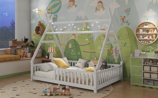 English Elm Twin Montessori Floor Bed House Frame with Led Lighting and Safety Rails for Kids White W2593P440589