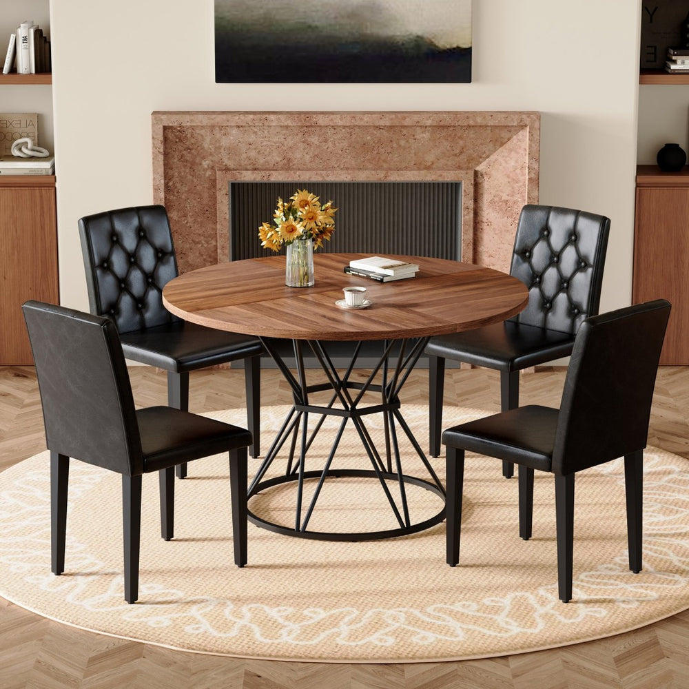 English Elm Table and Chair Set Round Walnut Mdf Top Matte Black Metal Base Industrial Dining W1151S04847