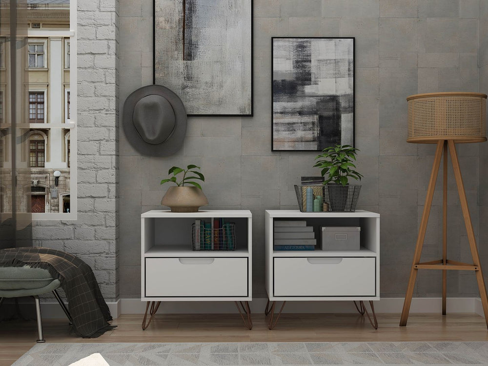 Manhattan Comfort Rockefeller Mid-Century Modern 2- Piece Nightstand White 2-101GMC1