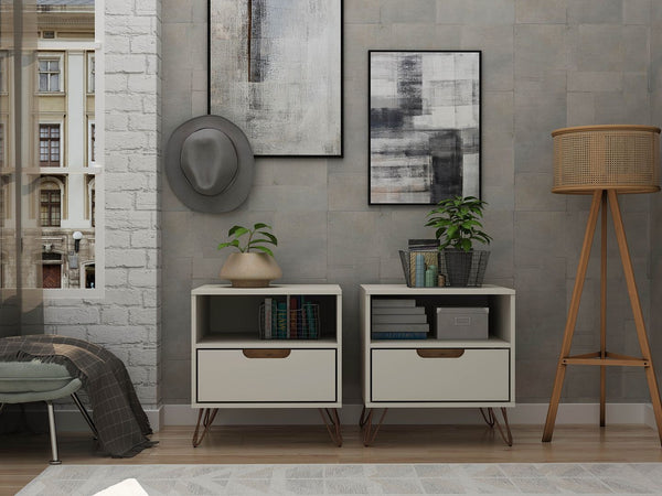 Manhattan Comfort Rockefeller Mid-Century Modern 2- Piece Nightstand Off White and Nature 2-101GMC3